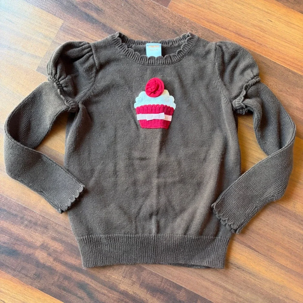 Gymboree Girls Brown Cupcake Applique Cotton‎ Sweater 3/4 Puffed Sleeve Holiday